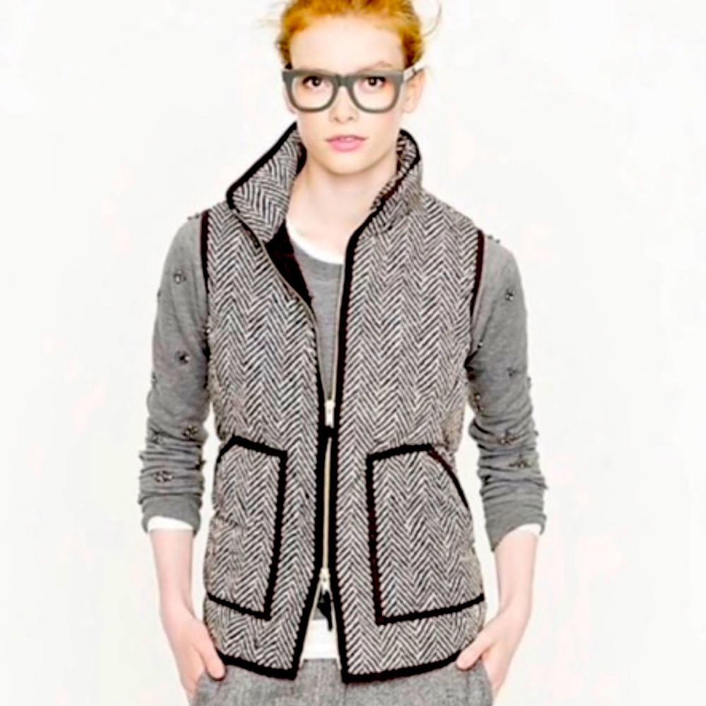 J Crew Excursion Quilted Puffer Vest Black Ivory Herringbone